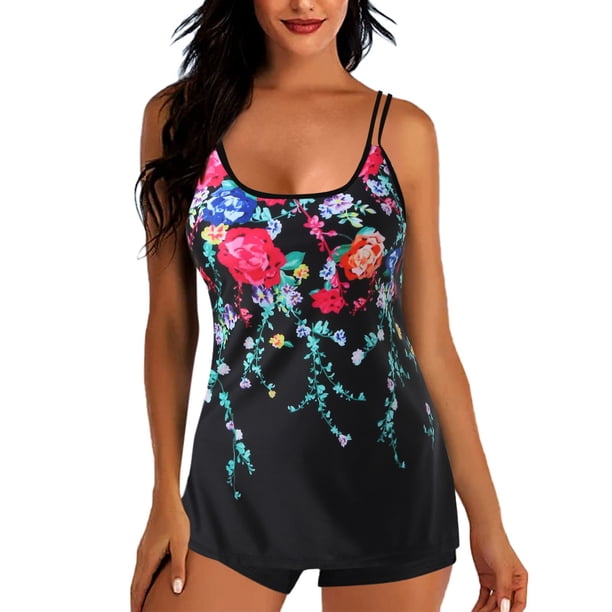 Trajes de baño para mujer Trajes de baño de dos piezas Camisetas sin mangas con estampado floral con pantalones cortos Trajes de baño con control de barriga OAVQHLG3B Store lin121212