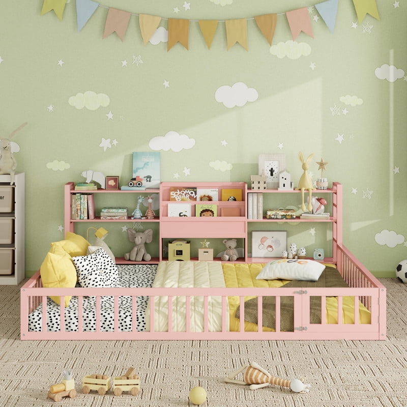 Queen Size Floor Bed Montessori Bed with Integrated Bookcase and 3-Tier Storage Shelves, Wooden Low Profile Toddler Bed Platform Bed with Safety Guardrails for Boys Girls