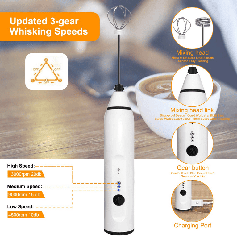 Milk Frother Handheld, Dallfoll USB Rechargeable Electric Foam Maker for  Coffee, 3 Speeds Mini Milk Foamer Drink Mixer with 2 Whisks for Bulletproof