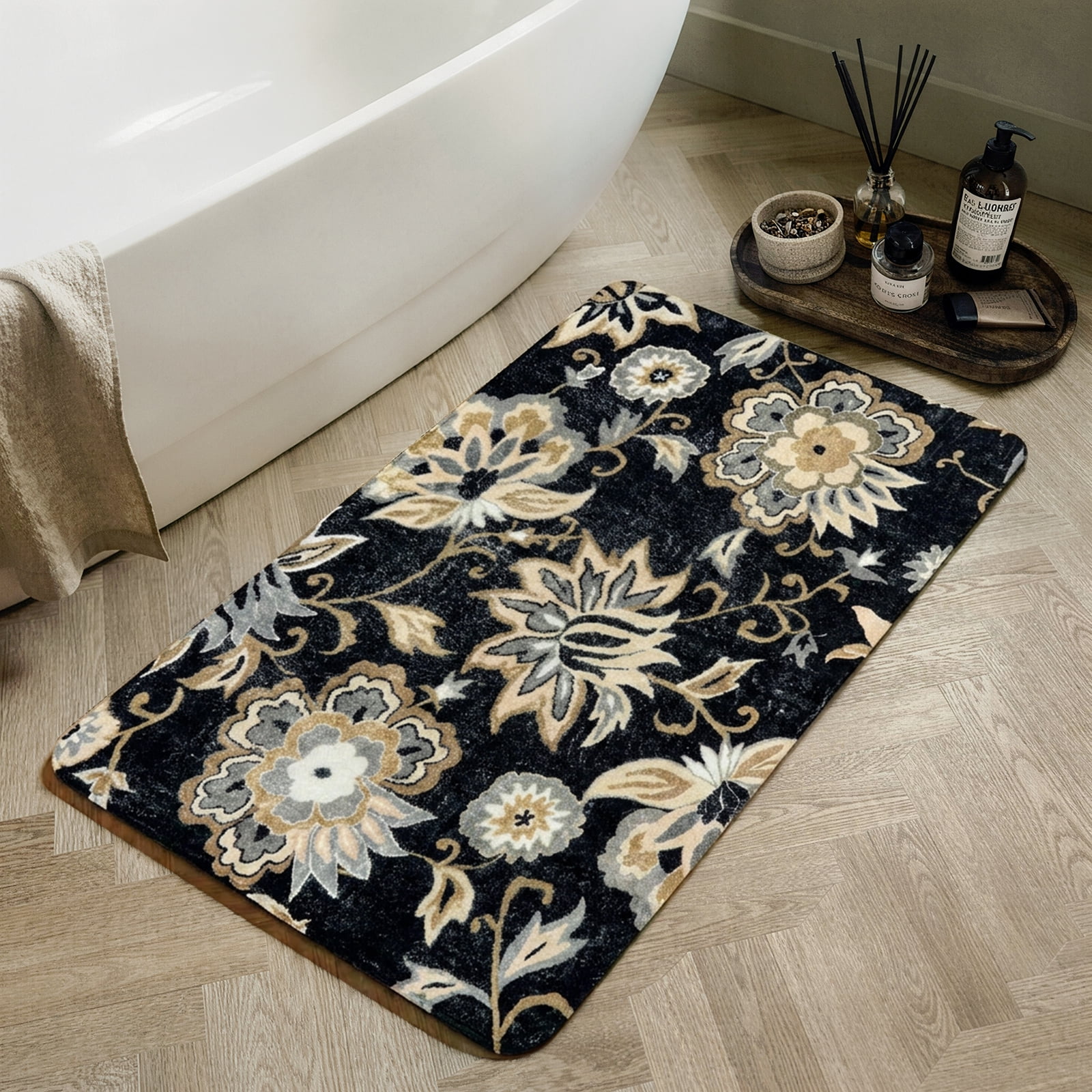 Lahome 2x3 Floral Washable Rugs for Entryway, Small Black Non Slip Bedroom Rug with Rubber Backing , Soft Ultra Thin Indoor Mat for Bathroom Kitchen