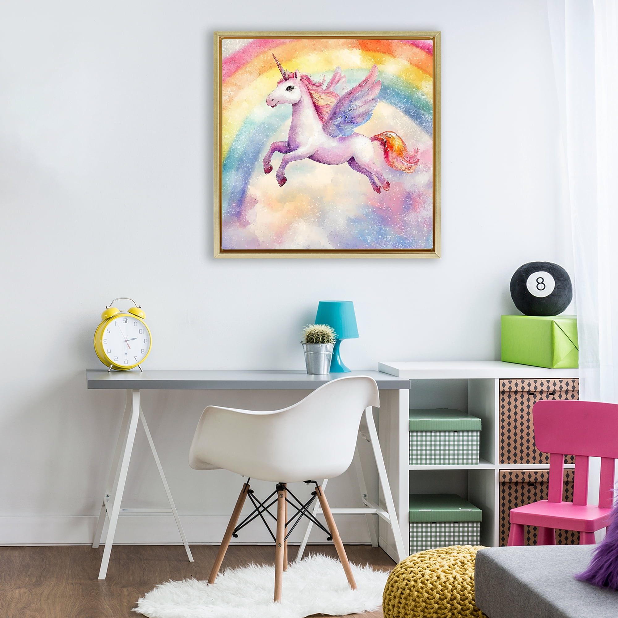 Stupell Industries Flying Unicorn In Rainbow Sky Gold Framed Floater Canvas Wall Art, design by Creative Studio
