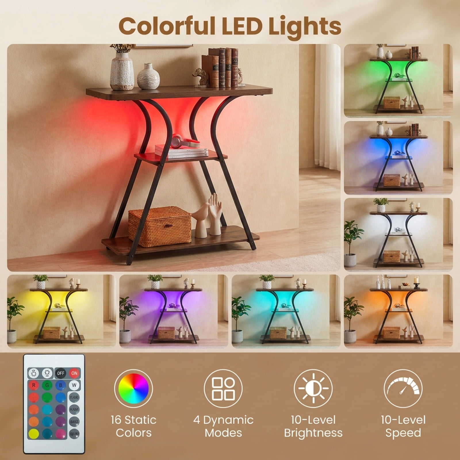 Furnibear 32 Inch Narrow Console Table for Entryway with USB Type-C AC Outlets 16-Color RGB LED Lights and 3-Tier Storage Shelves, Rustic Brown