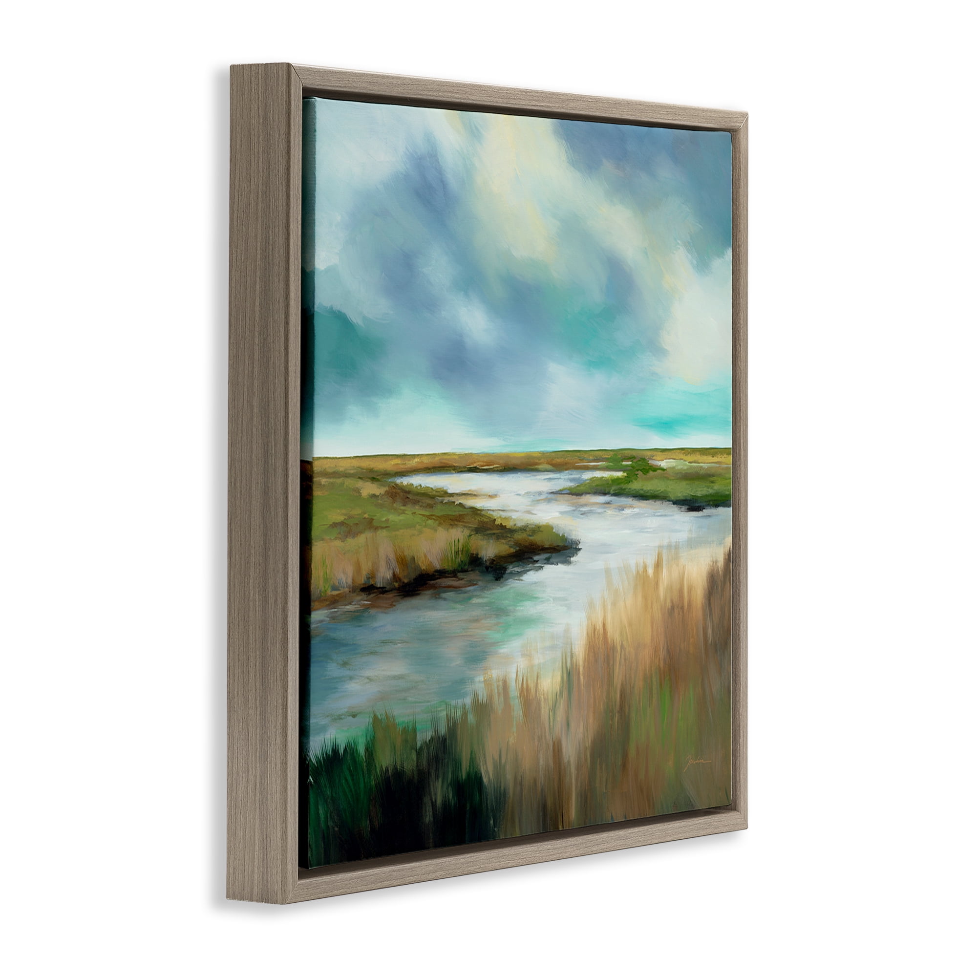 Stupell Industries Tranquil Meadow and Wetlands Brown Framed Floater Canvas Wall Art, design by Liz Jardine