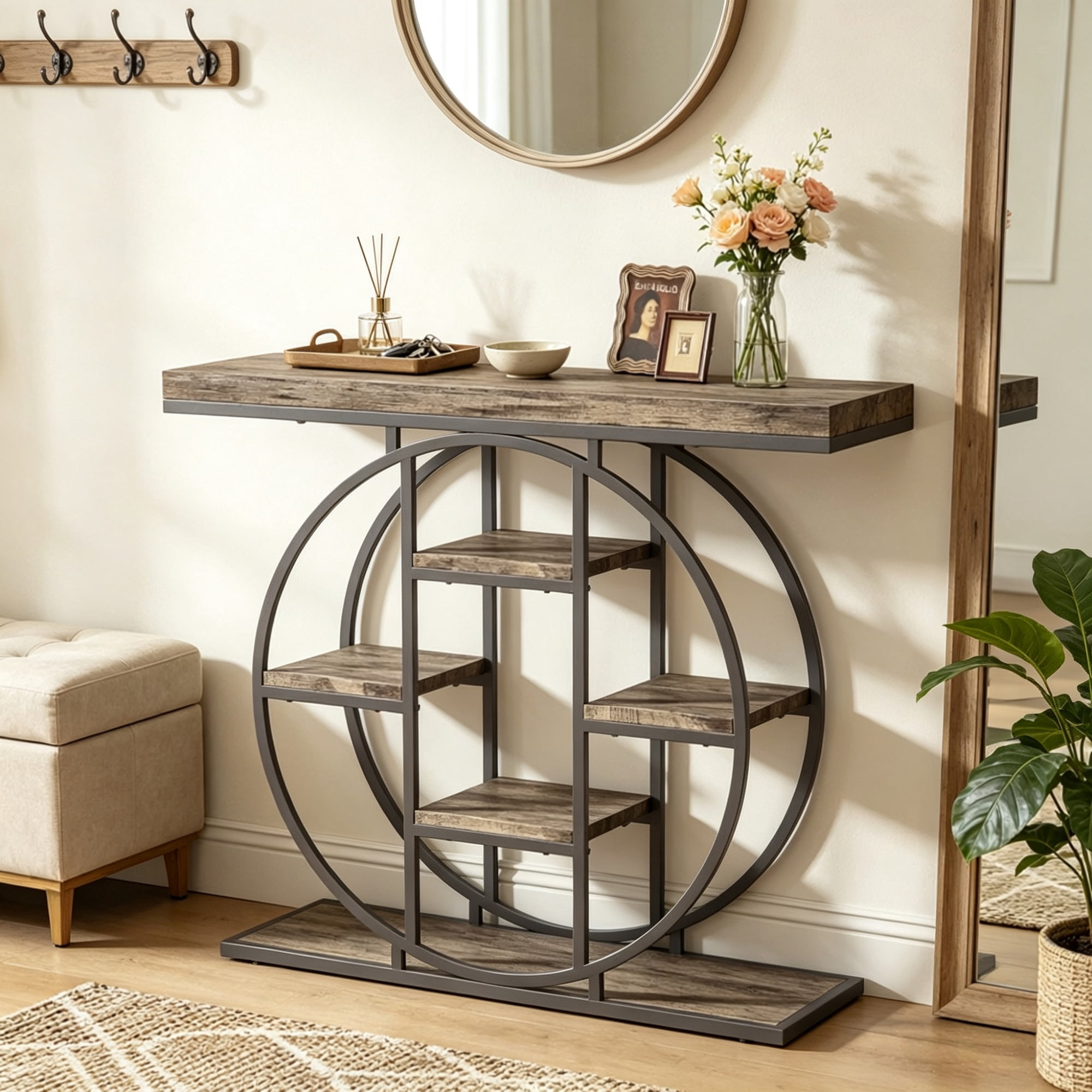 Industrial Sofa Table 39.4" Console Table with Storage Shelves Rustic Oak Finish for Living Room Hallway