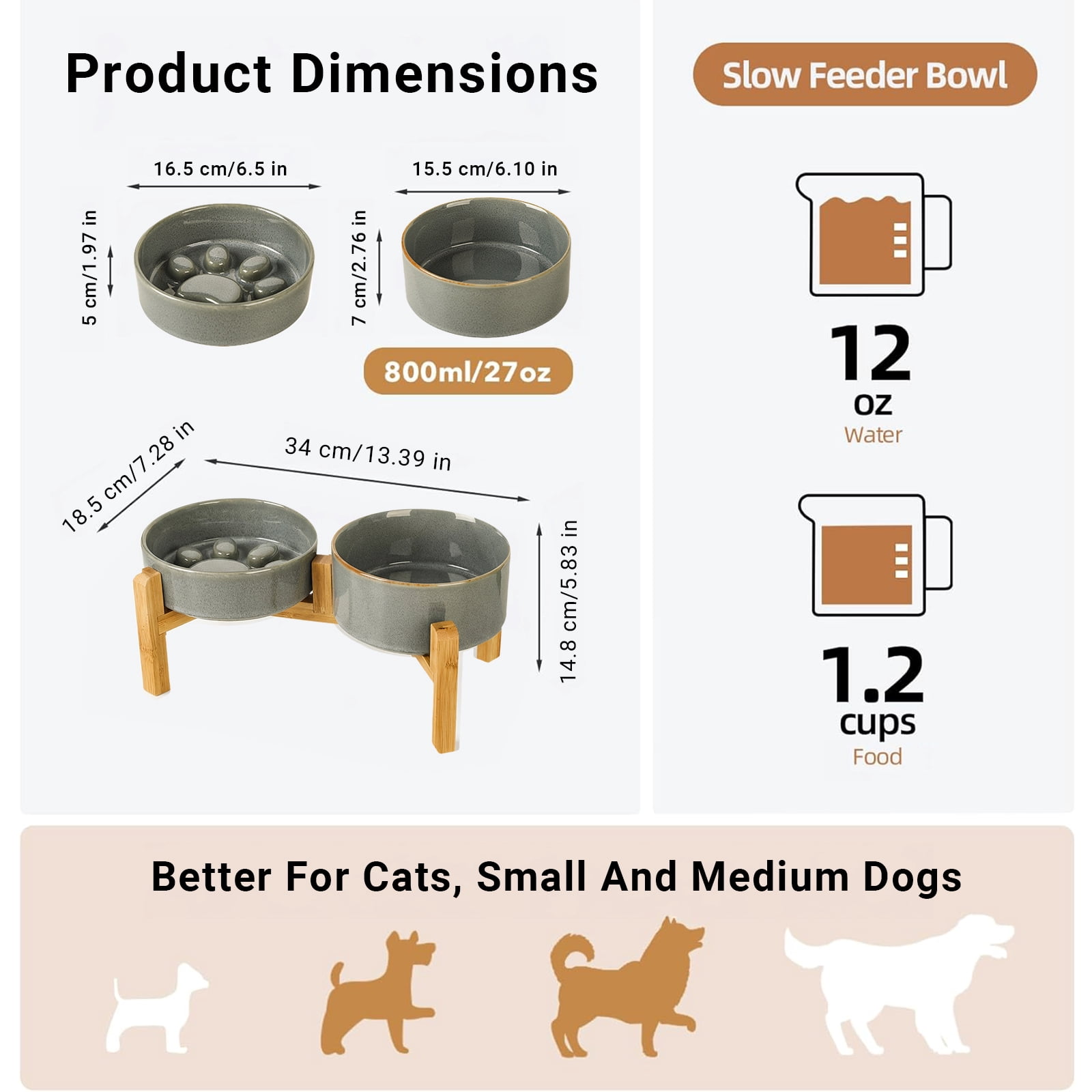 JoyPetto Elevated Ceramic Slow Feeder Water Bowl Set with Adjustable Bamboo Stand, 6.5" 6.1" 27oz Safe Feeder for Small Pets, Grey