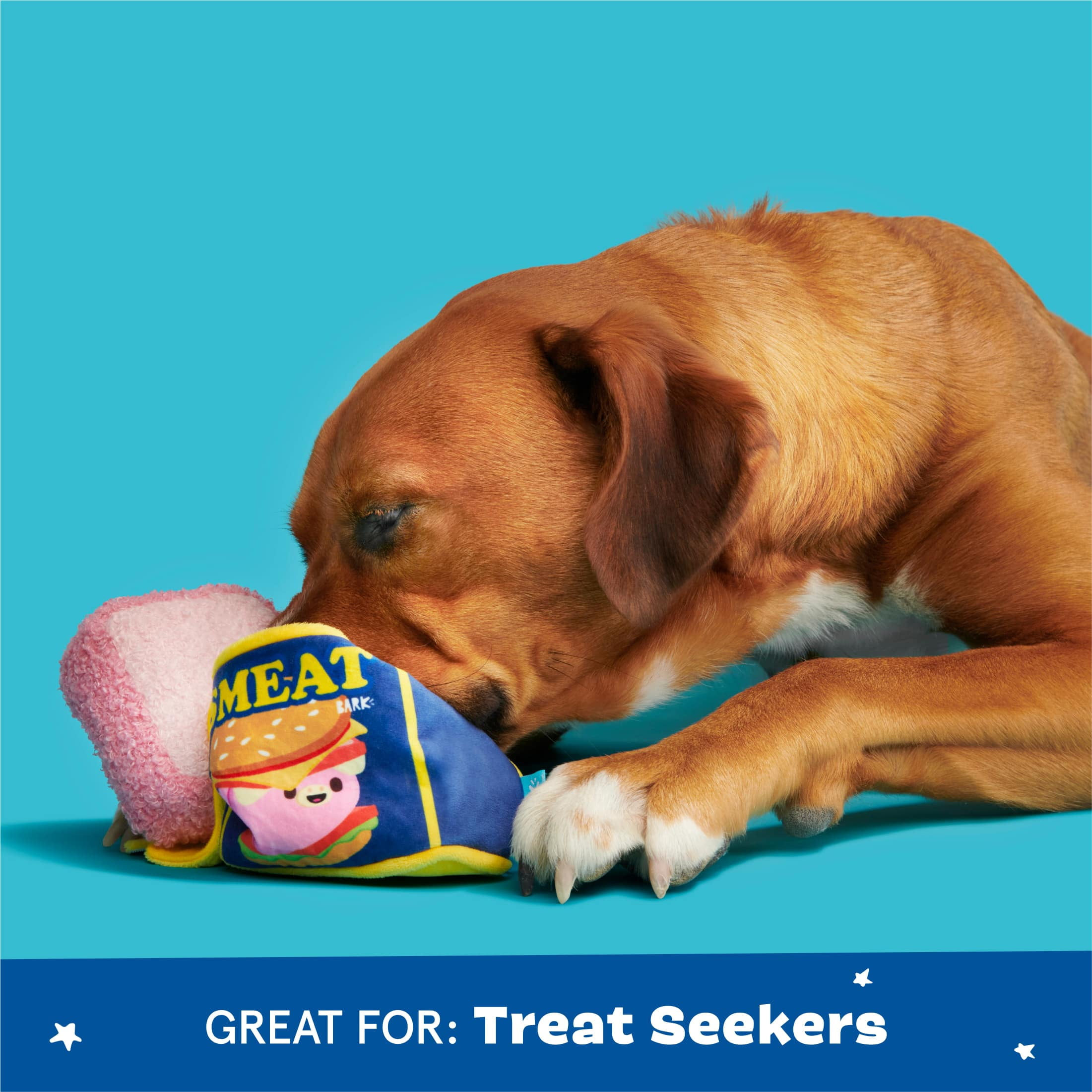 BARK Canned Smeat Canned Ham Meat Plush Pink, Blue, and Yellow Dog Toy, for Extra Small to Small Dogs