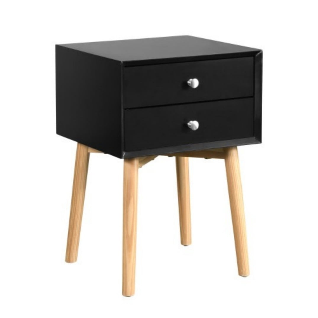 Side Table with 2 Drawers, Mid-Century Modern Nightstand with Rubber Wood Legs, Small Storage Cabinet for Bedroom Living Room, Black