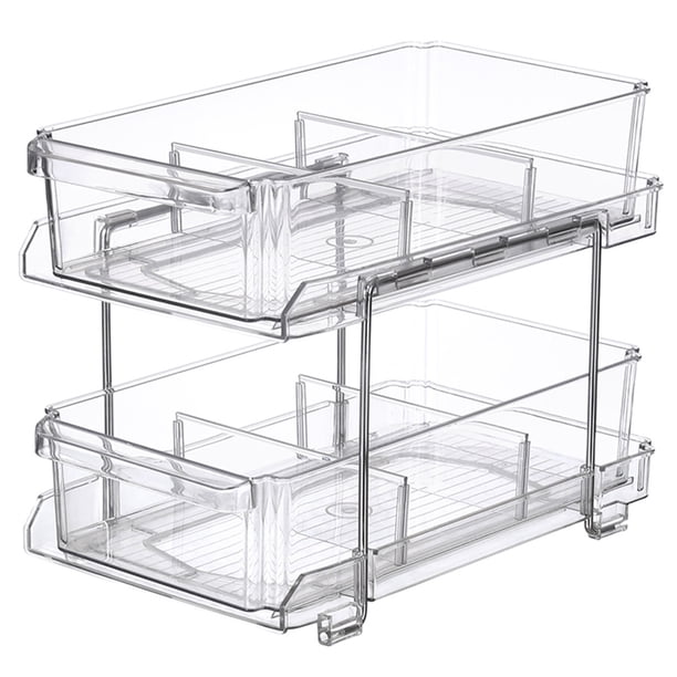 Contenedor de almacenamiento de 2 niveles, 2 cajones/cestas de almacenamiento deslizantes, transparente, práctico