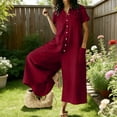 thumbnail image 2 of Vhkiploz A-Line Linen Jumpsuit For Women's One Piece Button Wide Leg Maxi Summer Sweatsuits Beach Vacation Travel Athletic Outfit Sets V-Neck Short Sleeve Solid Outwear Beach Rompers With Pockets, 2 of 7