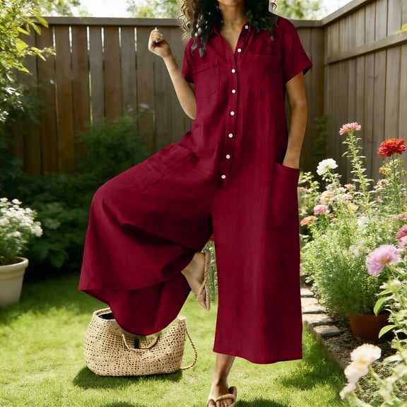 Uootdi Womens Linen Jumpsuits Collared Short Sleeve Button Front Overalls Casual Loose Lightweight Breathable Daily Wear Gift