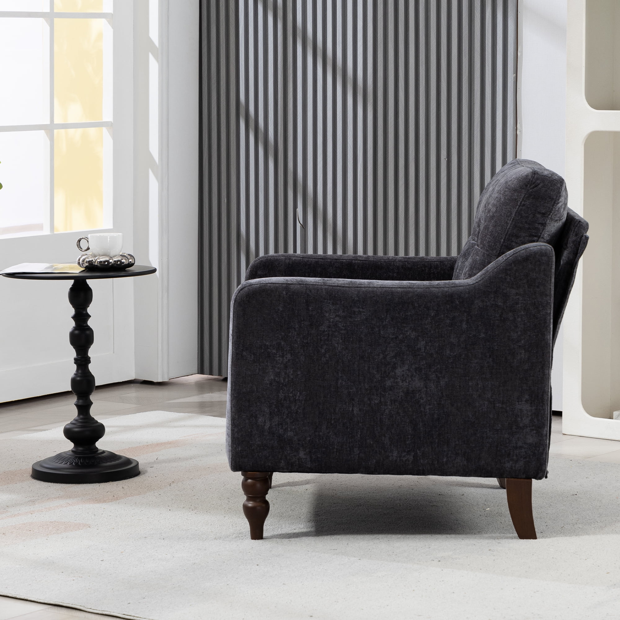 Comfortable armchair with USB charging port, ergonomic wide backrest, vintage wooden legs, comfortable upholstered armchair with side storage for living room bedroom