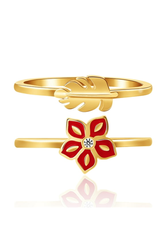 Women's Moana Gold Plated Sterling Silver Flower and Leak Stackable Rings, 2