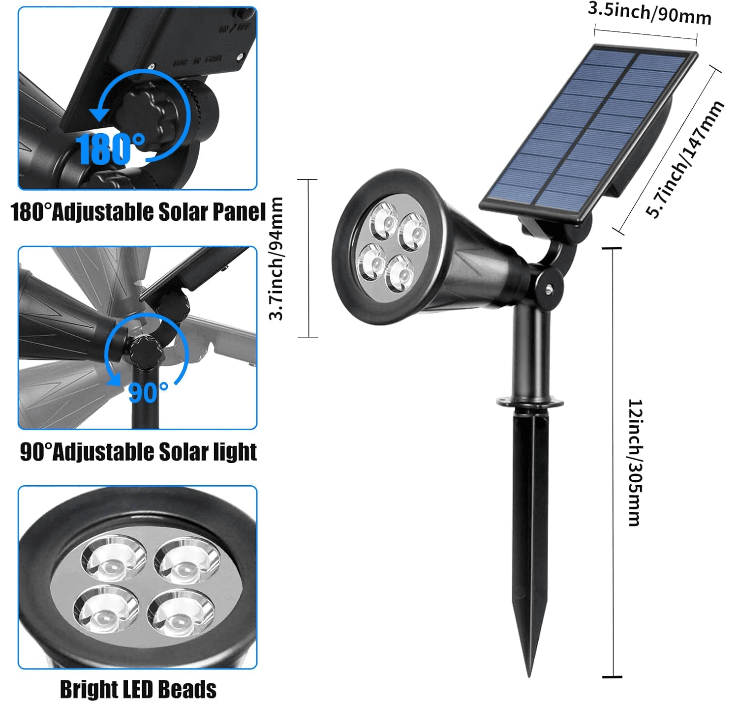 2-Piece Set Solar Outdoor Flood Lights Adjustable Angle White Light LED Landscape Lights IP65 Waterproof Wall Lights Auto-Sensing Illumination Ideal for Courtyards, Gardens, Driveways, and Pool Areas