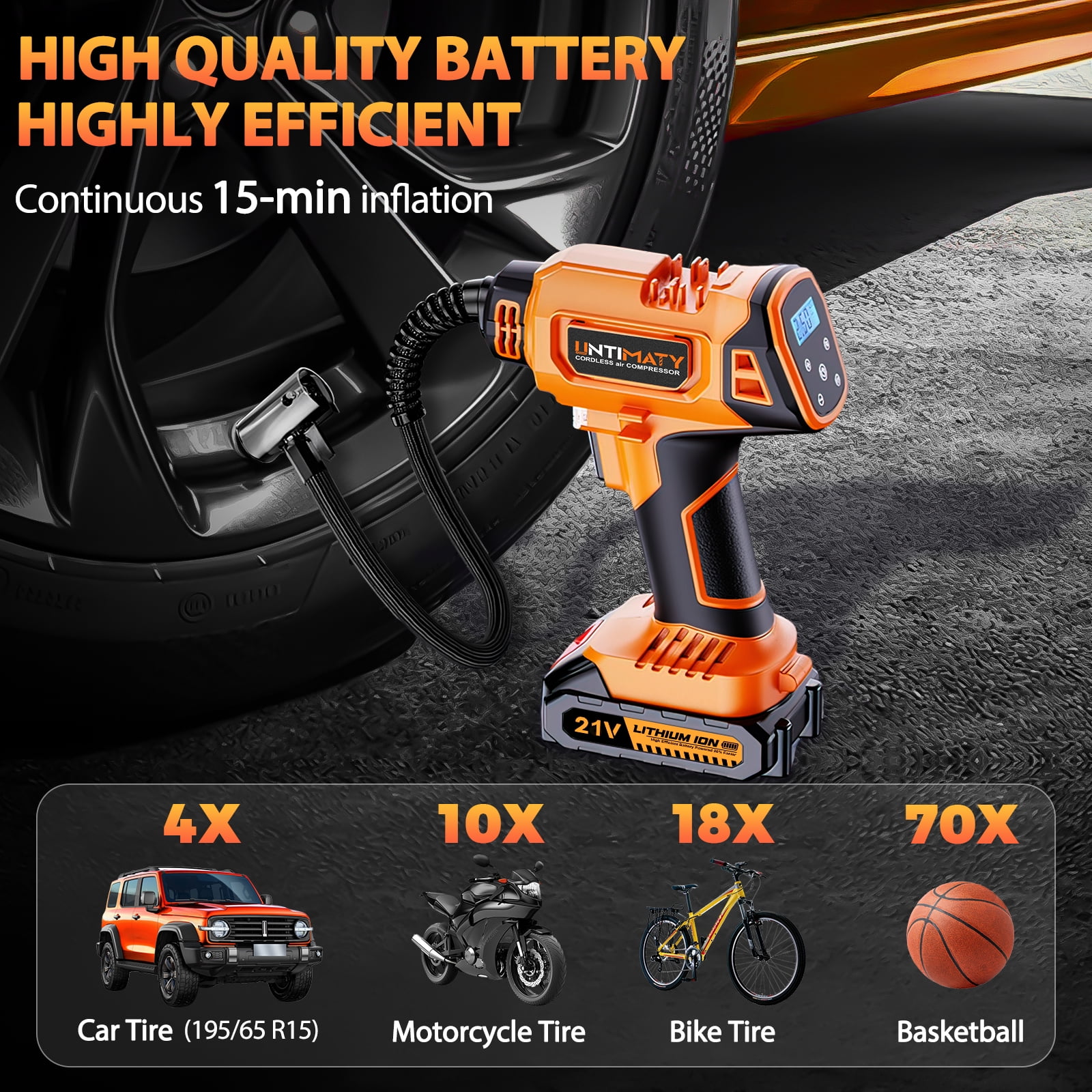 Cordless Tire Inflator, UNTIMATY Portable Air Compressor, 150PSI Handheld Air  Pump with 21V Rechargeable Battery, Digital Pressure Gauge for Cars  Motorcycles 