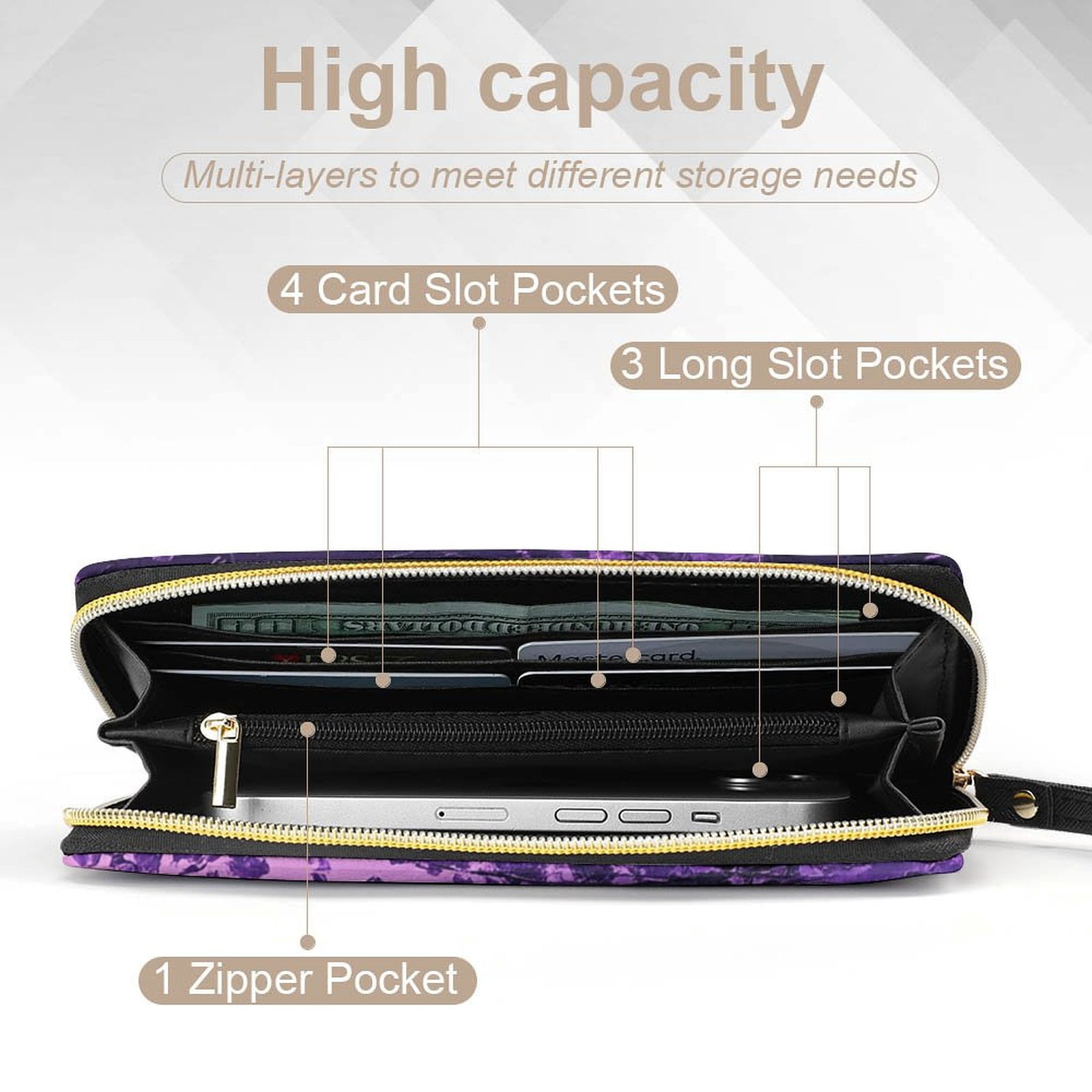 Womens Wallet Bifold Ladies Cluth Bag Wristlet Wrist Strap Long Purse Purple Butterfly Design