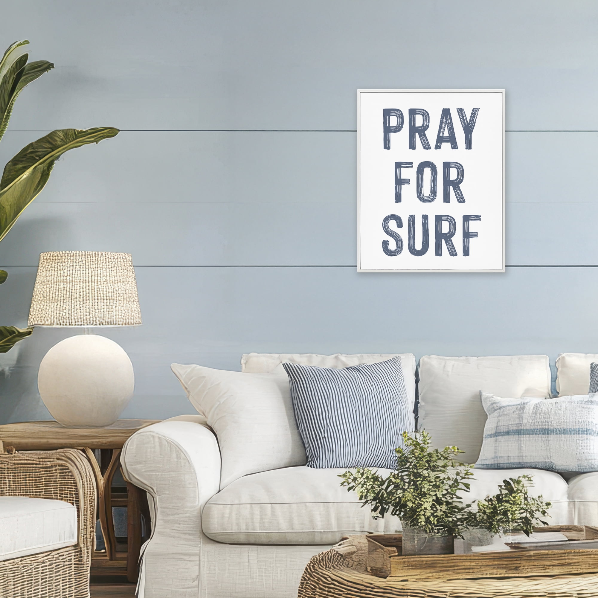 Summer Sentiment Pray For Surf White Framed Giclee Art, design by Lettered and Lined