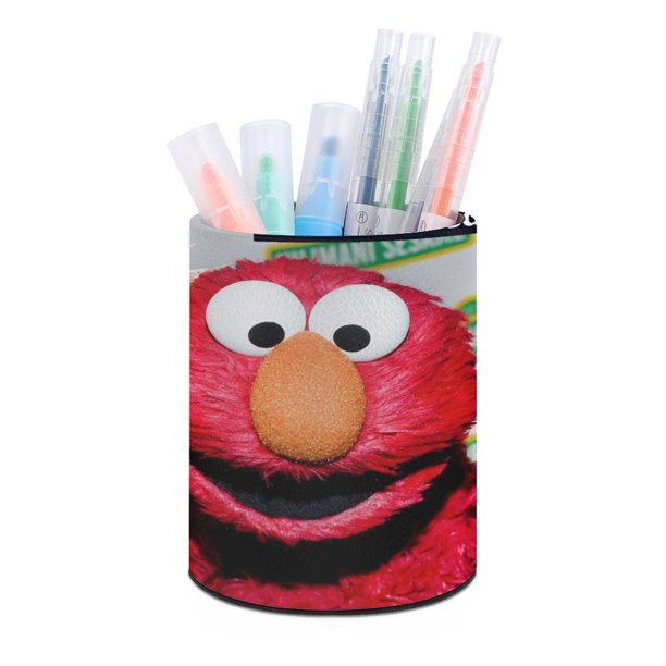 Elmo-theme Cylinder Pen Holder Pencil Organizer with Flannel Lining PVC Leather Material Cardboard Base for study work 10*8CM