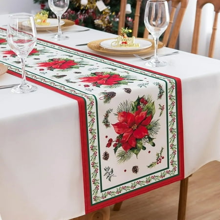 

Christmas Poinsettia Flowers Linen Table Runners Party Decor Reusable Winter Xmas Dining Table Runners Christmas Decorations