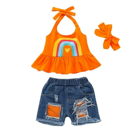 

Fesfesfes Toddler Summer Clothes Stylish Girl s Ruffle Halterneck Top Denim Shorts Suit
