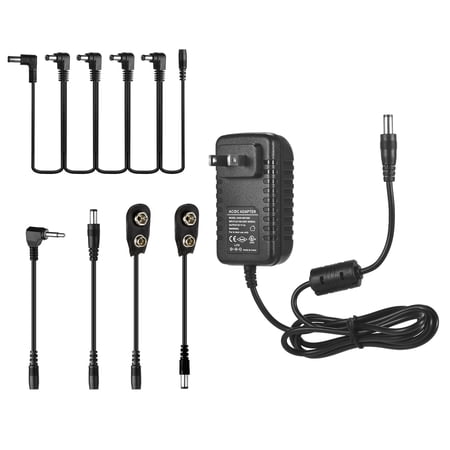 Caline CP-07A Guitar Effects Power Supply Adapter DC 9V 1A with 5-Way Chain Cable Reversed Polarity Cables Battery Clip Cables
