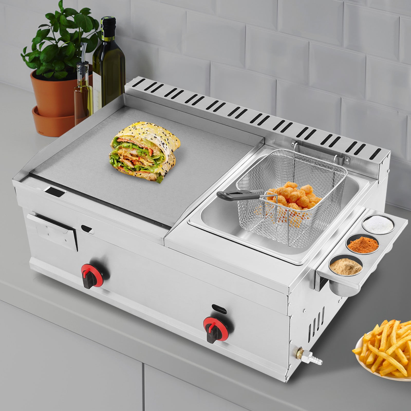Commercial Gas Propane Flat Top Grill Griddle w/ Deep Fryer Multi-function Fryer Deep-frying Machine Large-capacity with Grill Griddle Gas Heating