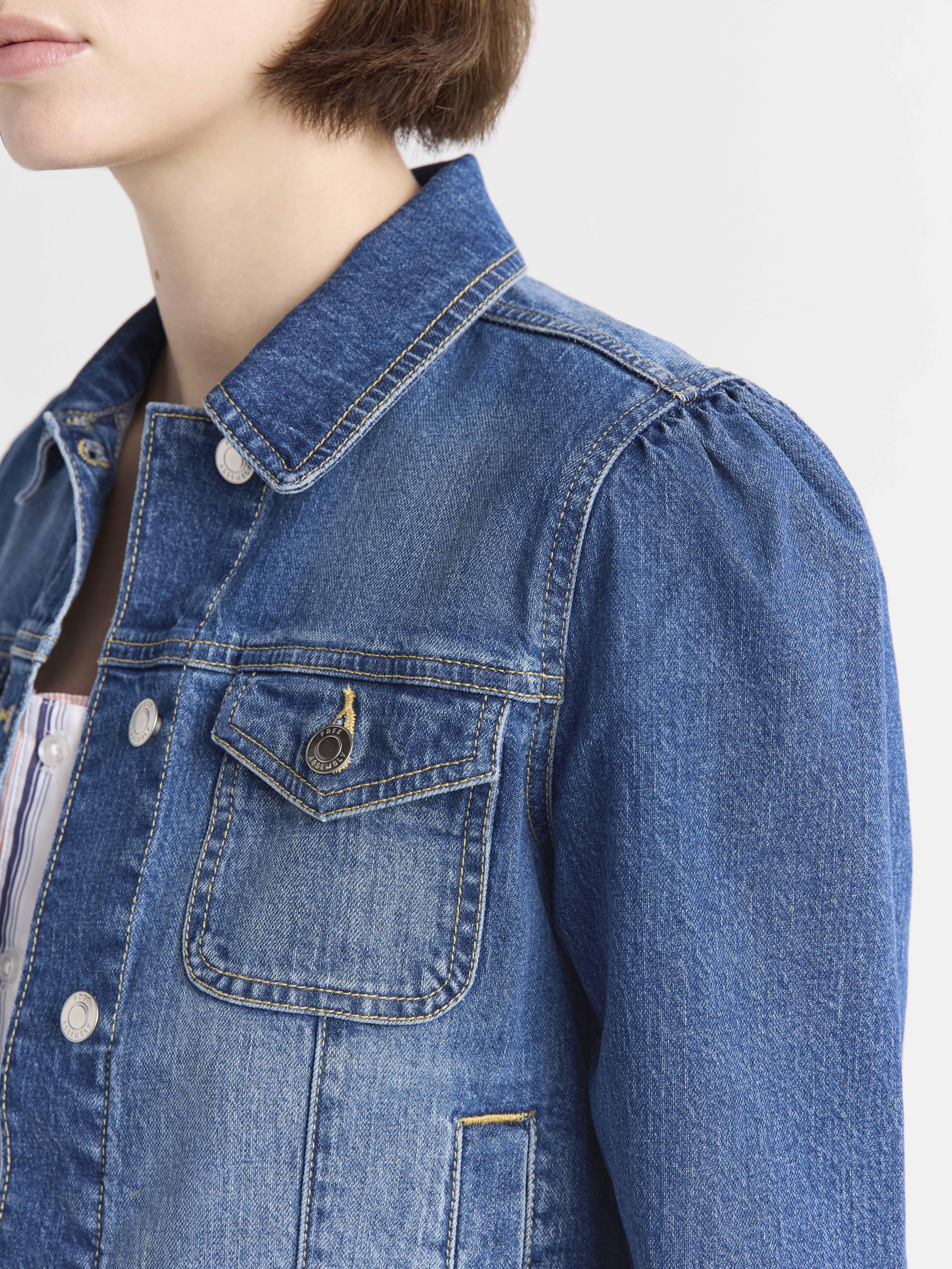 Free Assembly Women's Cropped Denim Jacket with Puff Sleeves