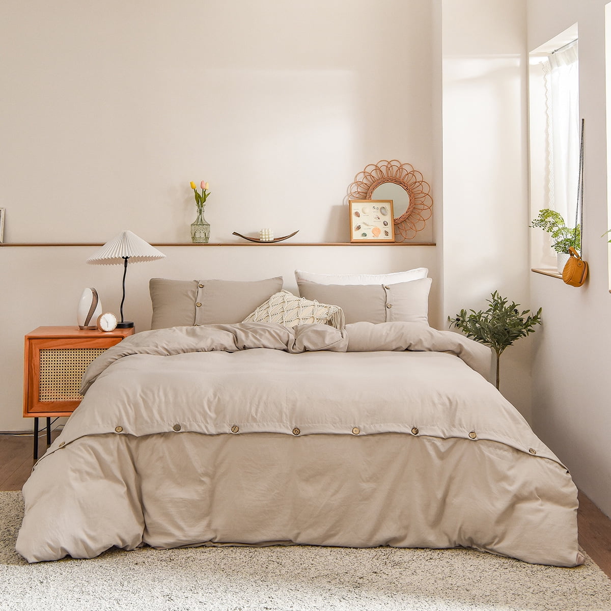 Khaki Duvet Cover Set Full Size with Button Soft Washed Microfiber