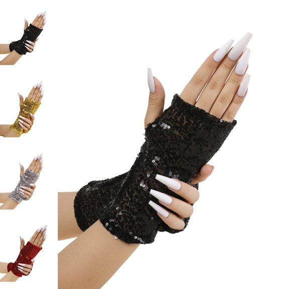 GPOECD Gloves for Women Carnival Short Glitter Fingerless Performance Mittens Reflective Details Dance Party Stage Show