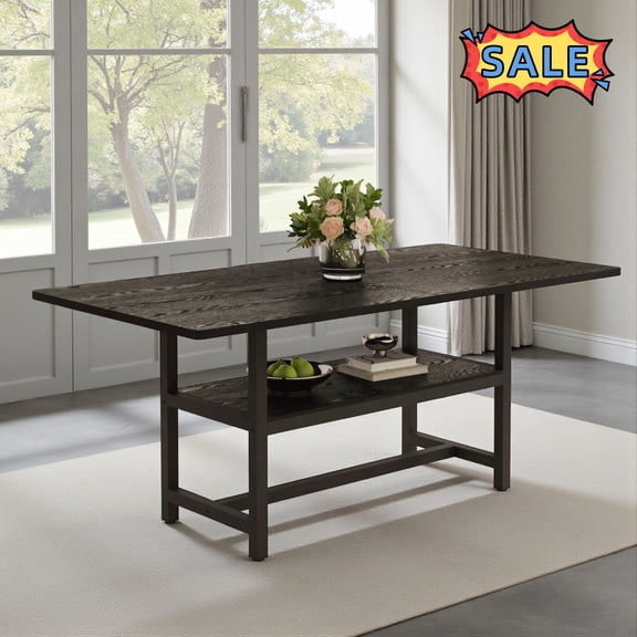 Tcbosik 71 Inch Rectangle Dining Table, 3-Tier Kitchen Table with Open Shelf, Modern Accent Table with Metal Frame for Living Room, Black