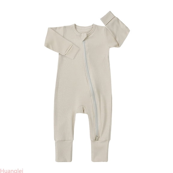 Huanglei Baby Ribbed Pajamas Girls Boys Zipper Long Sleeve Romper Jumpsuit ,6-12 Months ,Beige