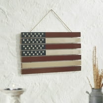 VHC Brands Patriotic USA Flag Stacked MDF Wall Hanging 12x20, Independence Day Decor, Decorative Sign, Rustic Farmhouse Fourth of July Decorations, Deep Red, Light Tan, Patriot Blue