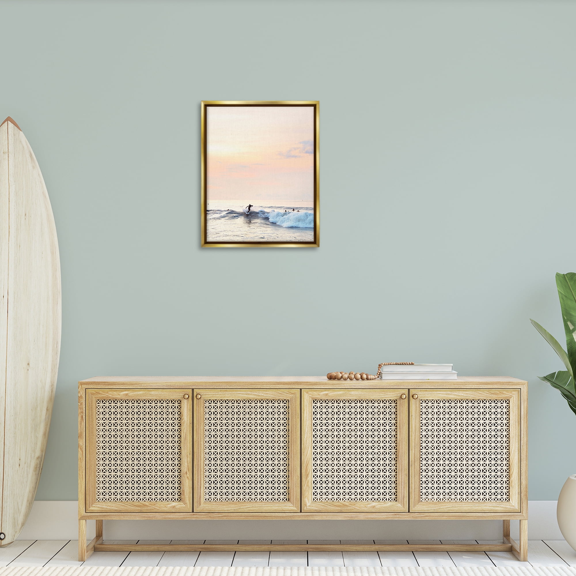 Stupell Industries Sunset Surfer Landscape Coastal Photography Gold Floater Framed Canvas Art Print Wall Art, 25 x 31