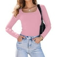 thumbnail image 2 of Womens Long Sleeve Shirts Square Neck Tops Ribbed Knit Basic Crop Tops Fall Outfits Fashion Clothes Pink XL, 2 of 8