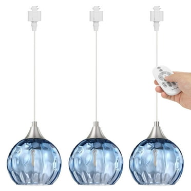 Kiven H-Type track lighting pendants Dimmable,Modern h track pendant lights with Blue Glass Globe,Decorative Track Lighting Fixture for Kitchen Hallway Restaurant Shop(3-Light)