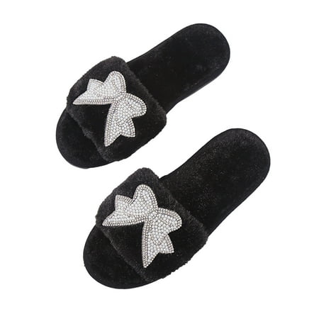 

Jikolililili Women s Shoes Cotton Slippers Home Warm Plush Pearl Bow Soft Bottom Non-slip Slippers Slippers for Women Indoor And Outdoor