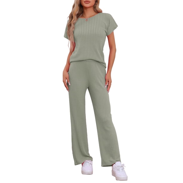 INSPIRAR CHIC Conjunto de Sudadera de Punto Acanalado para Mujeres, Cuello Redondo, 2 Piezas, Ropa de Casa, Manga Corta, Traje Deportivo XS Verde