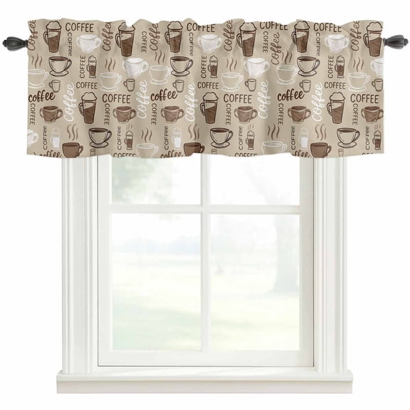 Coffee Rod Pocket Curtain Valance, Beige Farmhouse Retro Beans Latte Tea Cup Funny Farmhouse Window Valance for Living Room, Bedroom, Kitchen 60"W x 18"L