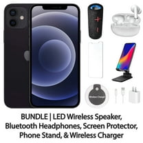 Restored Apple iPhone 12 128GB Black Fully Unlocked Bundle: LED Wireless Speaker, Bluetooth Headphones, Screen Protector, Wireless Charger, & Phone Stand (Refurbished)
