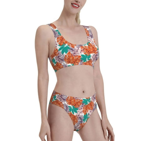 Uemuo Hawaiian Style Printed Women s High Waisted Bikini Sets Sporty Two Piece Swimsuits Color Block Cheeky High Cut Bathing Suits-Large