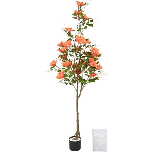 5FT/60IN Artificial Magnolia Tree Faux Floral Tree Tall Fake Outdoor Tree 5 Feet, Realistic Leaves and Flowers for Wedding, Indoor, Living Room, Door, Office and Hotel Decor- Orange