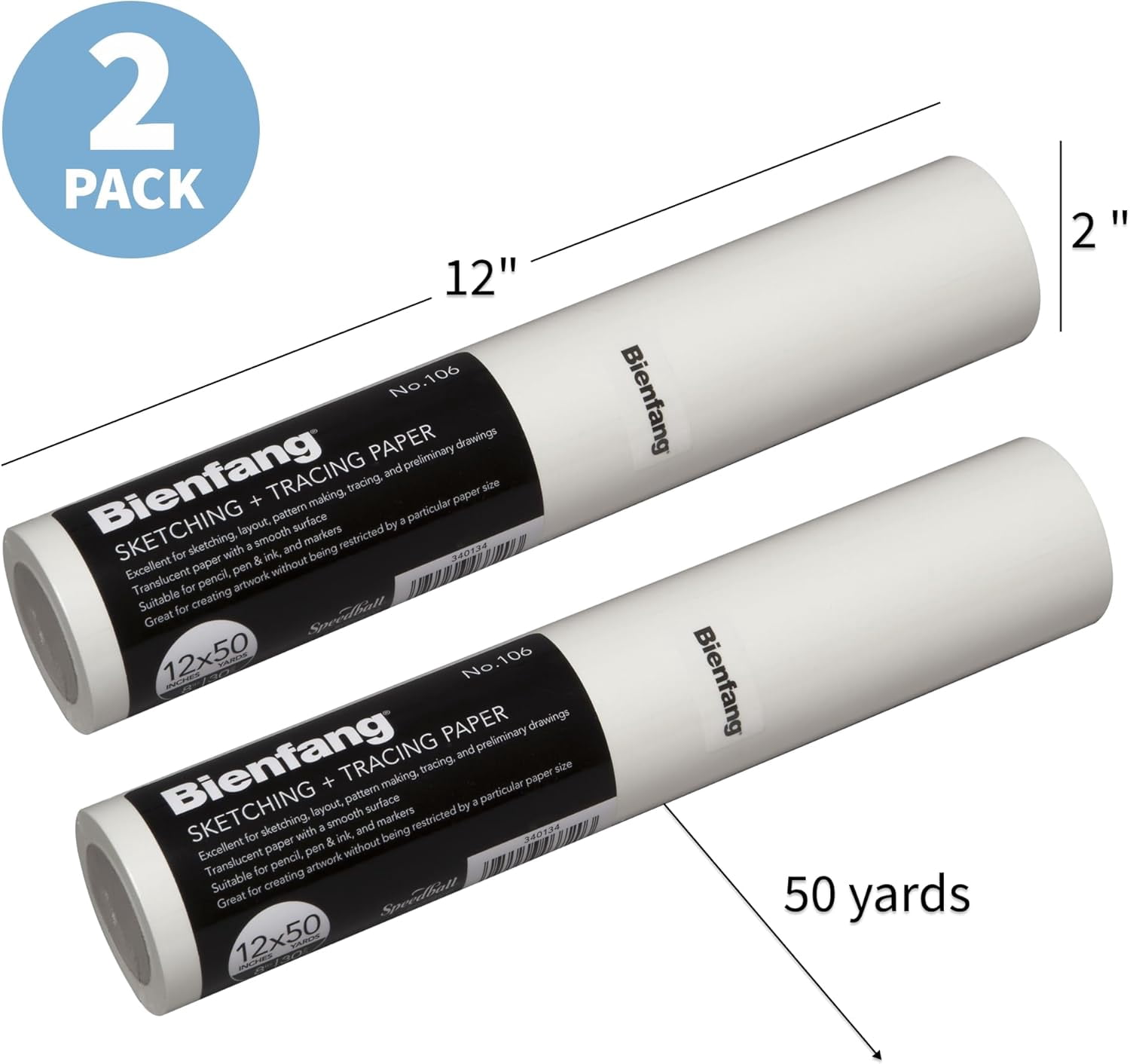 Bienfang Sketching & Tracing Paper Roll, White, 12 Inches x 50 Yards (2-Pack) - for Drawing, Trace, Sketch, Sewing Pattern