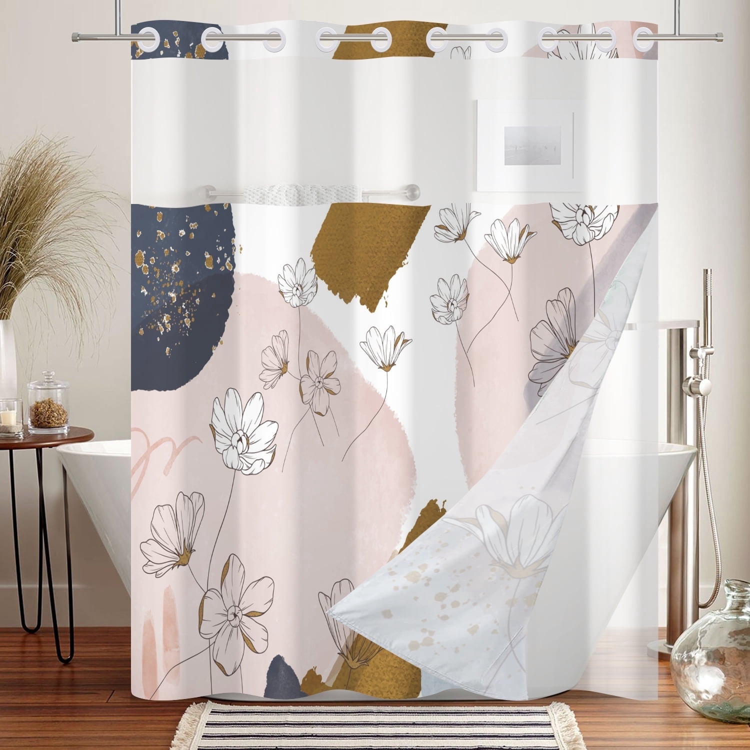 Mizhona Mid Century Hookless Shower Curtain with Snap in Liner,Boho Pink No Hook Fabric Shower Curtain,71"× 74"