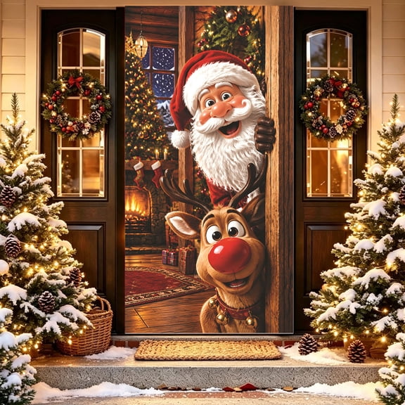 Christmas Door Cover Santa Claus Reindeer Door Curtain Festive Party Decoration, 180x90cm Door Hanging Door Cover for Holiday Decor