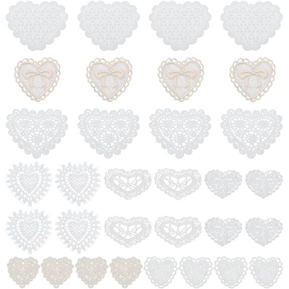 32 Pcs Heart Shapes Lace Applique 8 Style Heart Embroidery Patches Love Polyester Hearts Sew on Patch Clothing Sewing Decoration Applique for Wedding Bridal Dress Party Embellishment Hat White