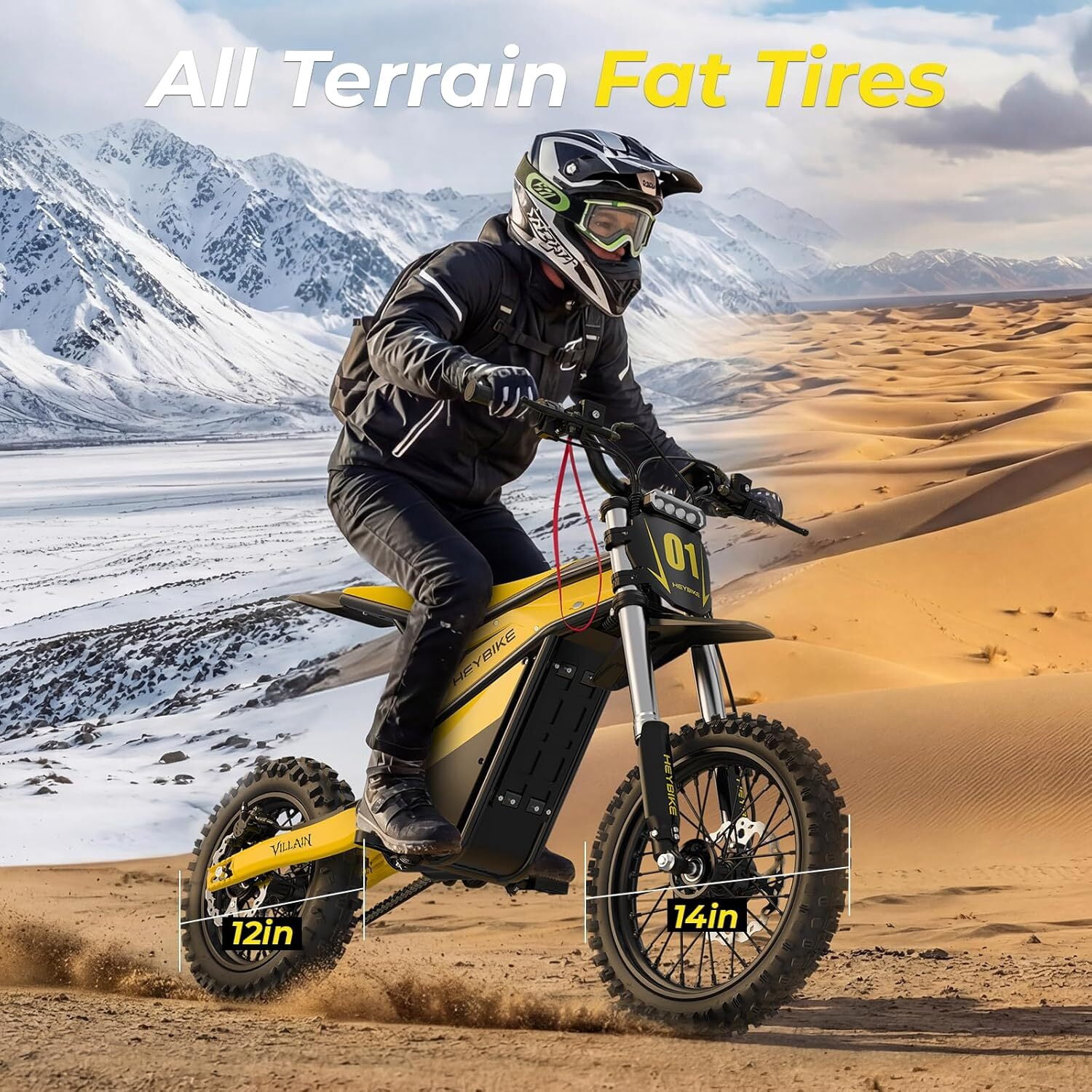 Heybike Villain Electric Dirt Bike for Adults, 52V 26AH Battery Ebike, 14"/12" Fat Tire Electric Motorcycle for Teens, UL 2849