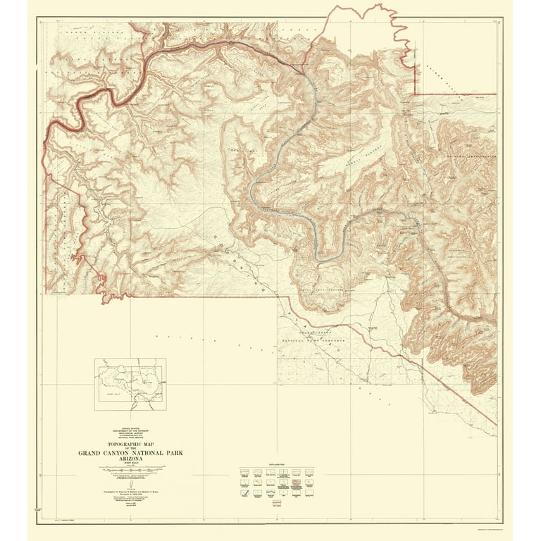 Topo Map - Grand Canyon West Half Arizona - USGS 1927 - 23.00 x 25.62 -  Matte Art Paper