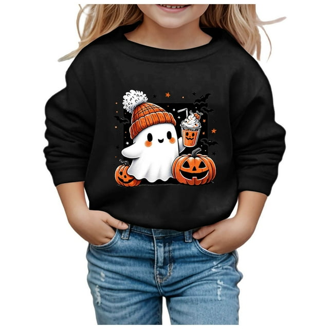 GDREDA Chandails à Capuchon et Chandails pour Filles, Mignons, Imprimés, Col Rond, Manches Longues, Mode Halloween pour Enfants, Noir, 2-3 Ans