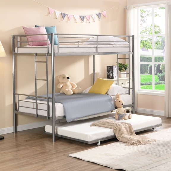 Harper & Bright Designs Twin Size Metal Bunk Bed with Trundle, Twin Over Twin Metal Bunk Bed Frame for Bedroom, Silver