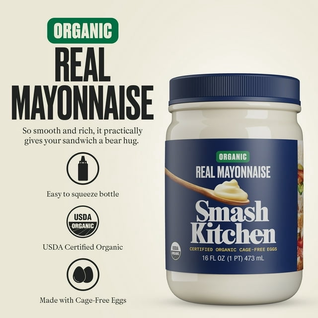 Smash Kitchen Organic Real Mayonnaise, 16 oz Jar, Pack of 4