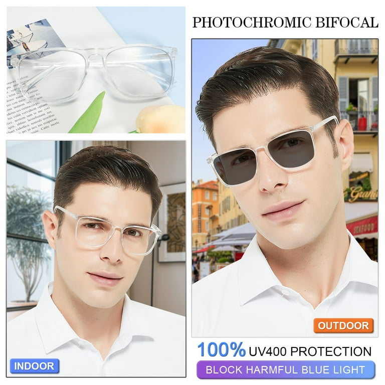 MARE AZZURO Photochromic Bifocal Reading Glasses Men Blue Light Blocking Readers  Sunglasses 1.0 1.5 2.0 2.5 3.0 3.5 4.0 (Transparent, 4.00) with  Polycarbonate Lens 